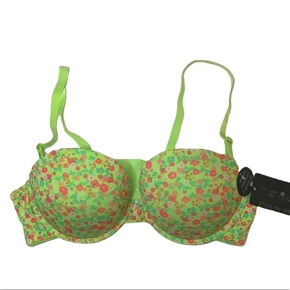 Te Amo Padded Push Up Bra Floral Green Demi-Cup NWT